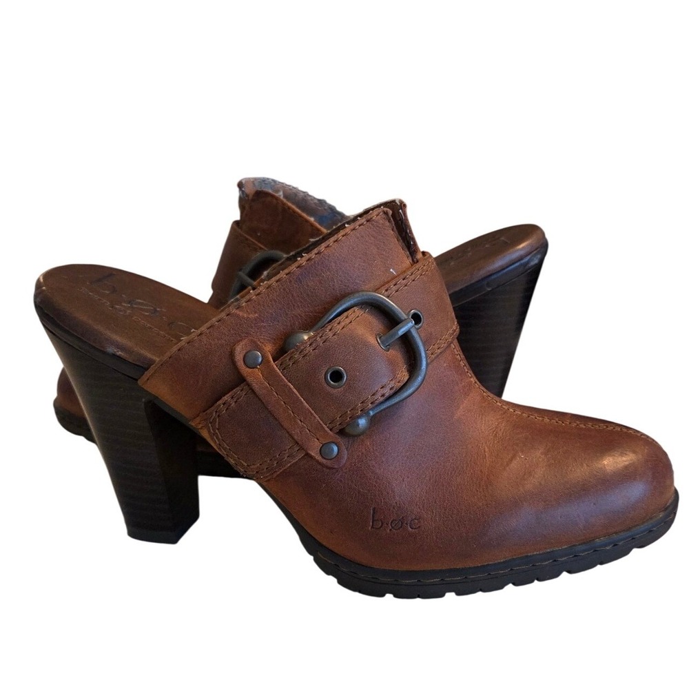 b.o.c. Brown Leather Buckle Heeled Mules Block‎ Heel Clogs BC2439 Size 7/38